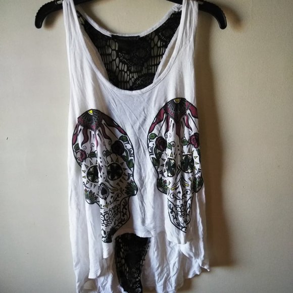 Midnight Hour White Sugar Skull Tank w/ Lace Back - Picture 2 of 6